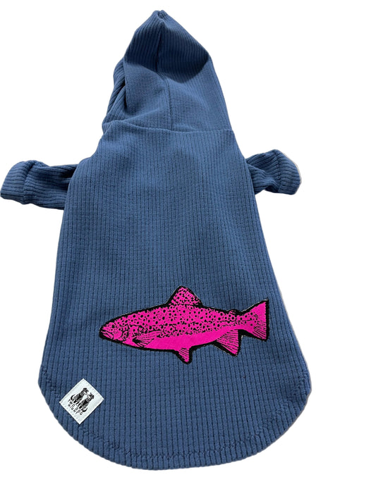 Solid Rain dog hoodie with pink fish appliqué -Medium