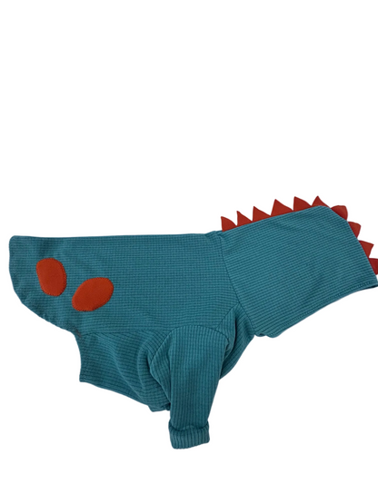 Dino micro grid pet hoodie-turquoise and orange-size medium