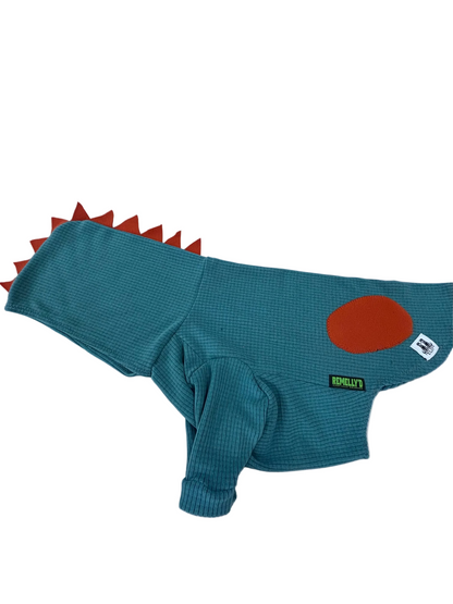 Dino micro grid pet hoodie-turquoise and orange-size medium